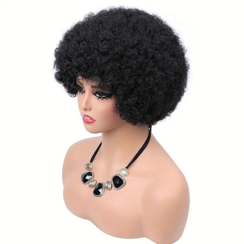 Peruca afro encaracolada para mulheres, cabelo humano curto, puffs perversos, pronto para vestir, vinho preto da Borgonha, feito na máquina completa