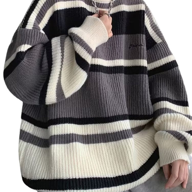 Vintage Stripes Contrast Bottom Sweater Sweater Autumn and Winter Thickened Fashion Brand Loose Knit Jacket