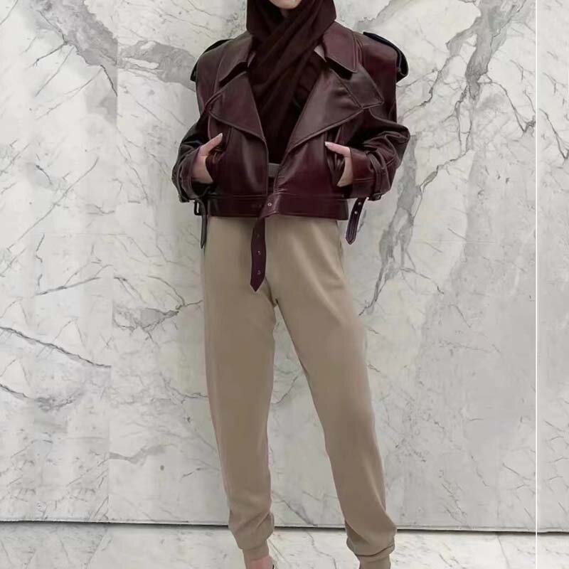 여성용 턴다운 칼라 짧은 길이 드롭 숄더 소매, 캐주얼 스타일, 정품 가죽 재킷, 봄 2023 신상