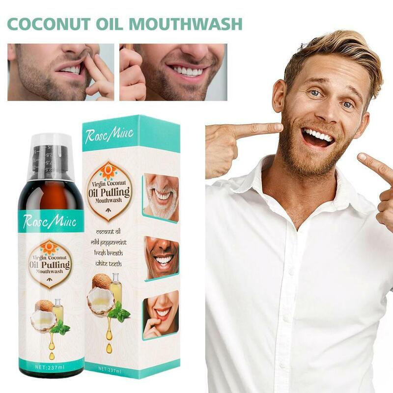 Enxaguante bucal com óleo de coco, Ajuda com hálito fresco, Clareamento dentário e saúde, 237ml