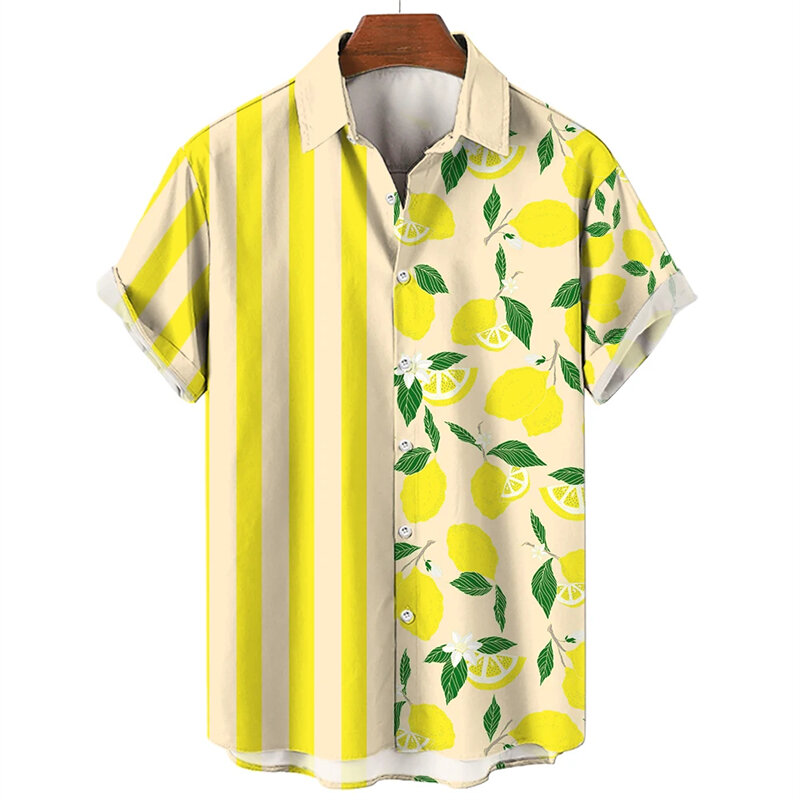 Camisa con estampado 3D de cerezas de plátano y fruta para hombre, blusa hawaiana con solapa, ropa de calle informal, Top de solapa