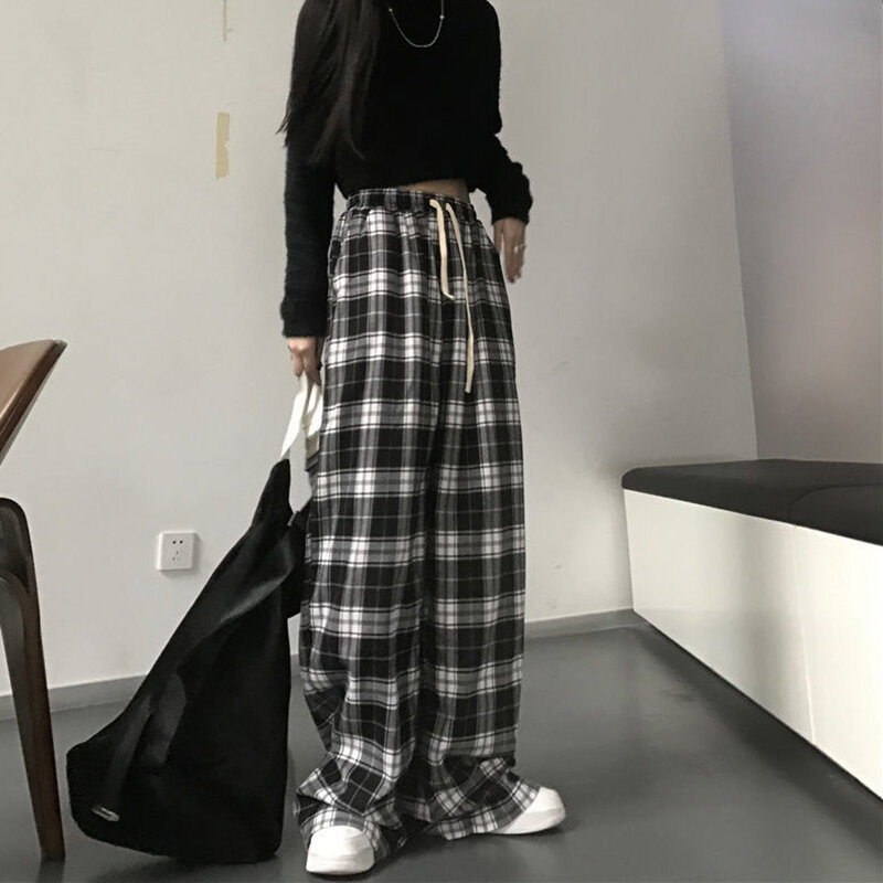 Черно-белые клетчатые брюки в стиле Харадзюку, женские летние повседневные брюки с широкими штанинами, корейские модные свободные прямые брюки Y2k