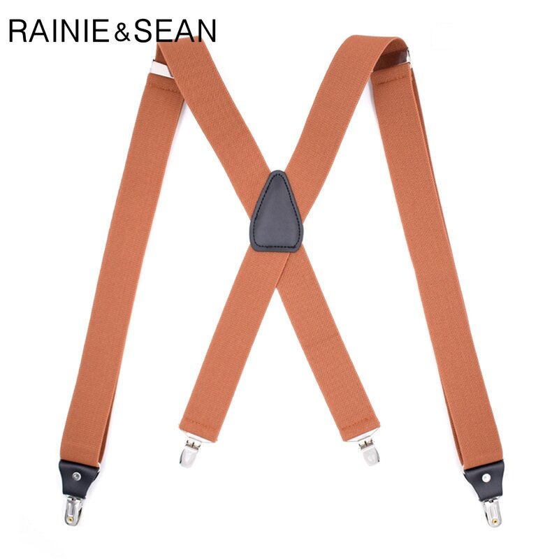 RAINIE SEAN Men Suspenders สำหรับเสื้อหนังสีน้ำตาล120ซม.4คลิปกางเกงสายรัดด้านหลังงานแต่งงาน Vintage ชาย Suspenders เข็มขัด