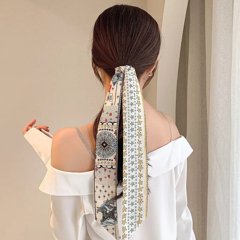 Lenço de seda coreano estampado para mulheres faixa de cabelo laço longo rabo de cavalo, acessórios de cabelo carta nova moda, 2023