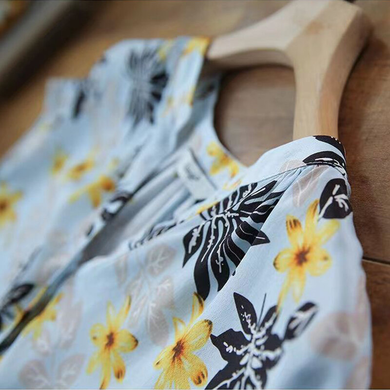 Atasan Popularitas Bunga Fashion Kasual Musim Panas Kaus Wanita Kancing Longgar Chic Print Pullover Kasual Lengan Pendek Leher-v Wanita