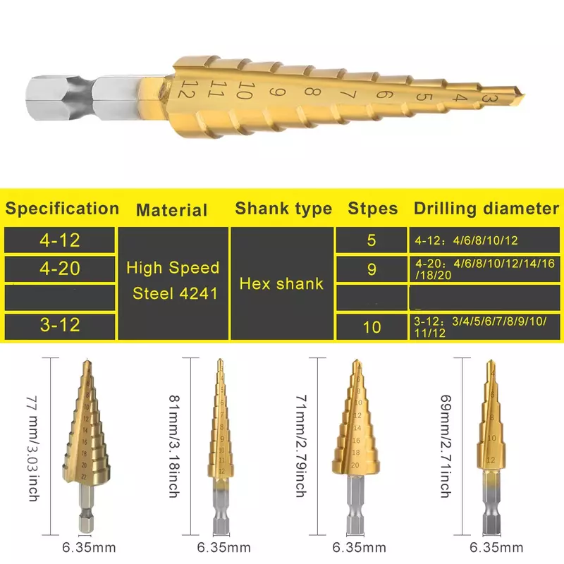 HSS Straight Groove Step Drill Bit, revestido de titânio, madeira, Metal Hole Cutter, Core Drilling Tools Set, 3-12mm, 4-12mm, 4-20mm, 3 peças por conjunto