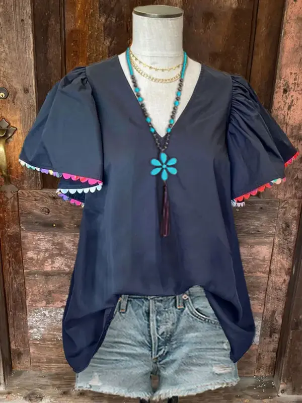 Blusa con paneles de algodón para mujer, camisa colorida con encaje y cuello en V