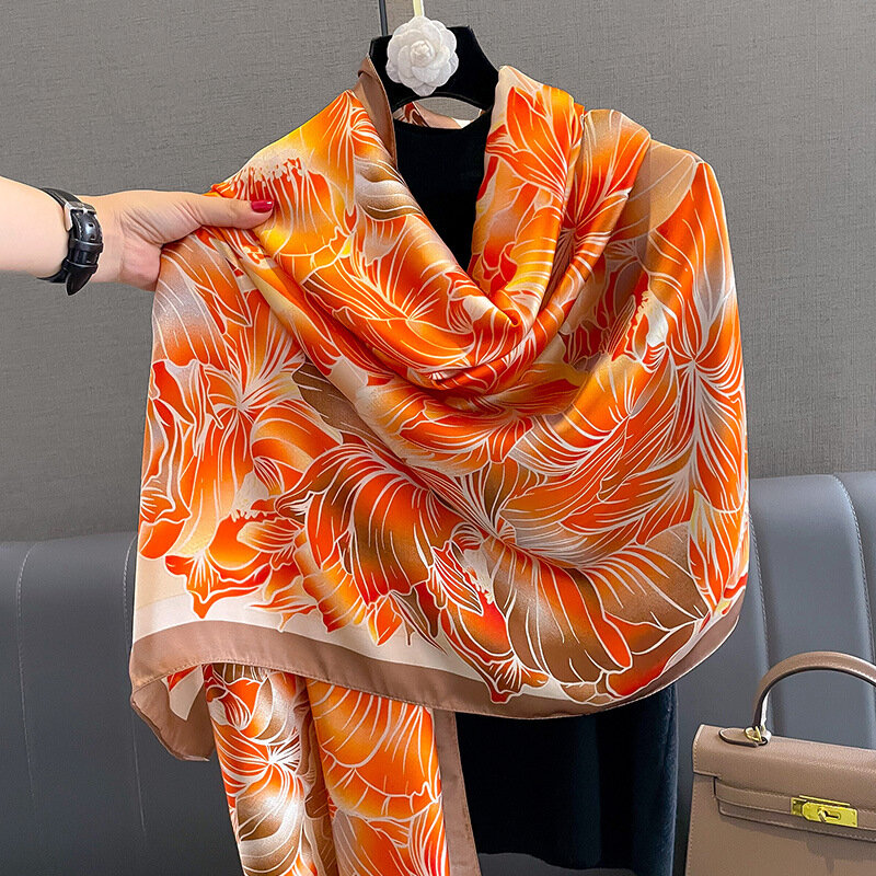 Popular Lrage Satin Finish Shawl The Four Seasons Design Hijab Luxury Brand Warm 180X90CM Scarves Women Fashion Print Silk Scarf