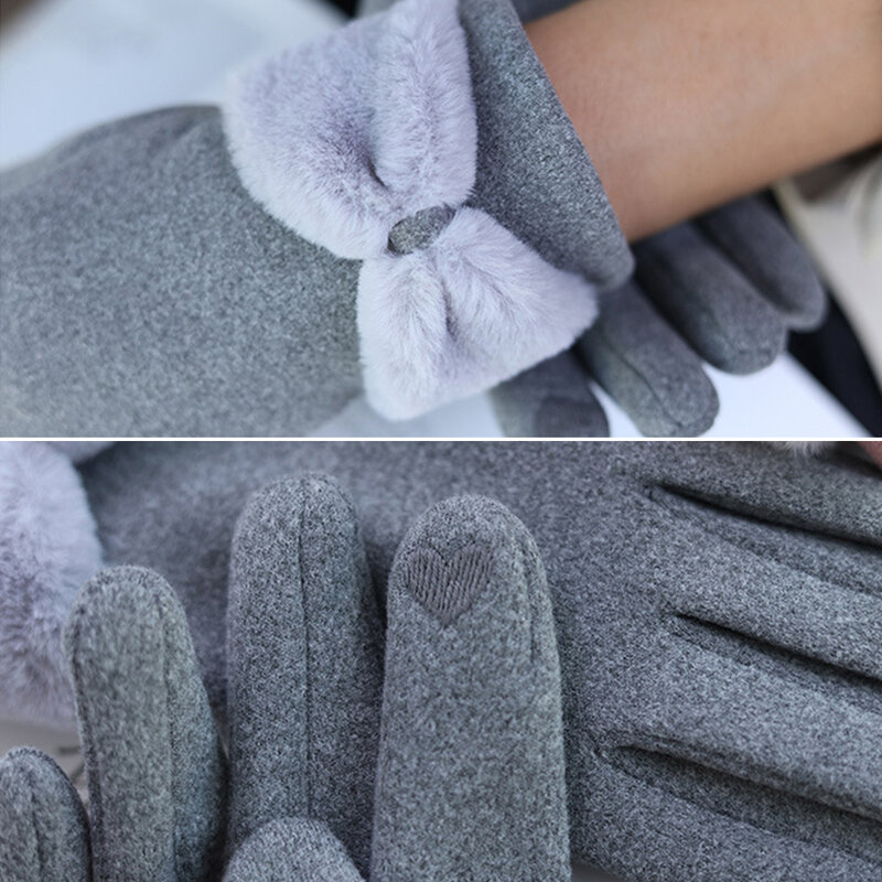 Plush Bow-knot Touch Screen Gloves Outdoor Sport Cycling Drive Gloves Fashion Cute Anti Slip Windproof Cashmere Thicken Gloves