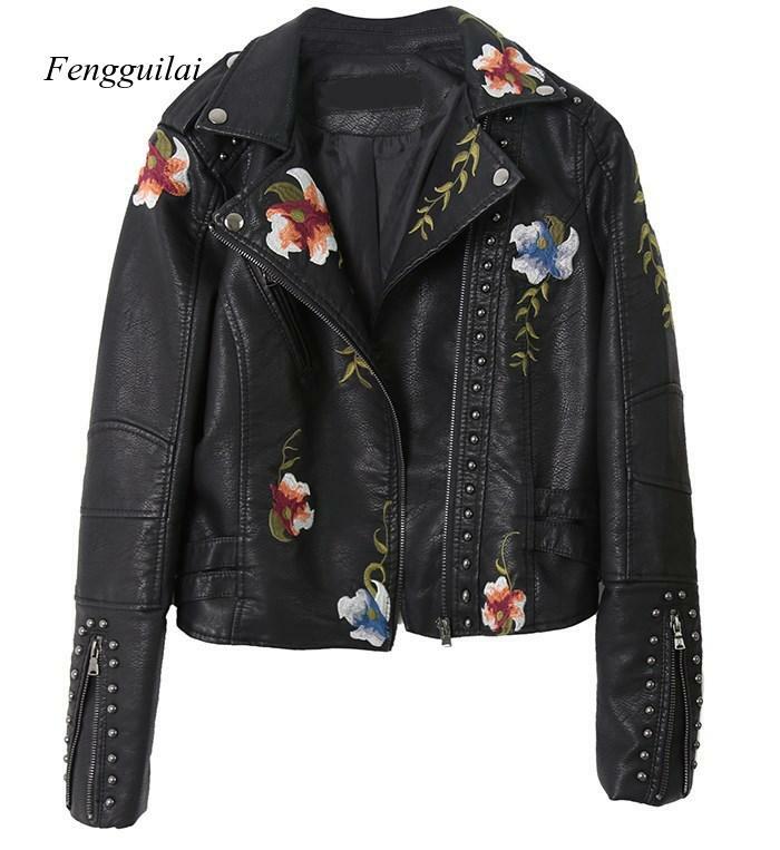 New Womens Long Sleeve Floral Embroidered Turn-Down Collar Leather Jacket Sportswear Fashion Motorcycle Coat Mujer