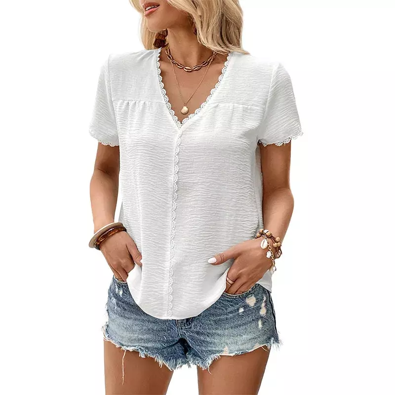 Casual White Shirt Fashion V-neck Summer Elegant Lace Patchwork Blouse Breathable Clothes Hollow Short Sleeve Tops Blusas 27107