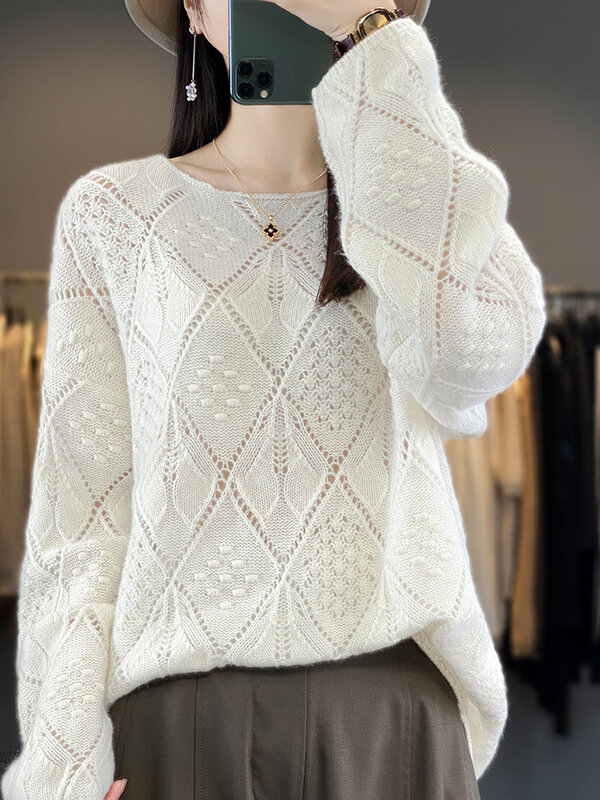 Ali select Mode Frauen Pullover O-Ausschnitt Pullover Vintage 100% Merinowolle Langarm aushöhlen Strickwaren Frühling Kleidung Tops