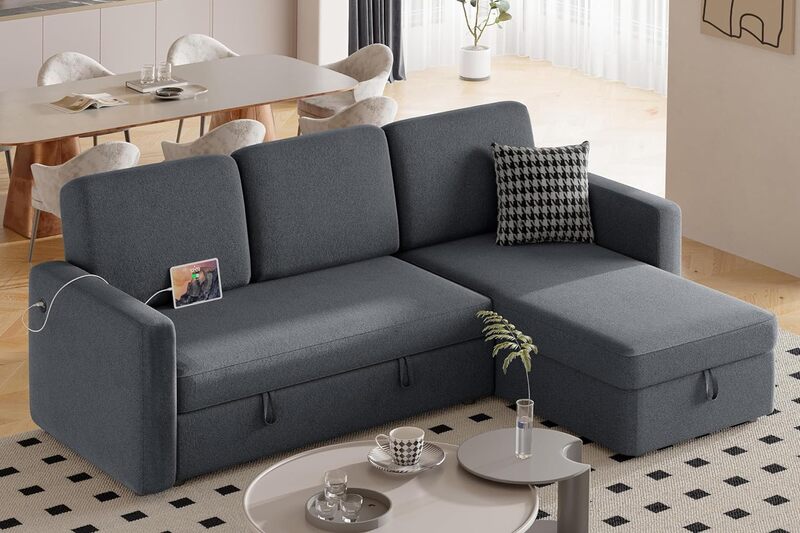 Sofá secional reversível em forma de L, sofá-cama, com chaise e USB, espaço de armazenamento, tecido de 4 assentos