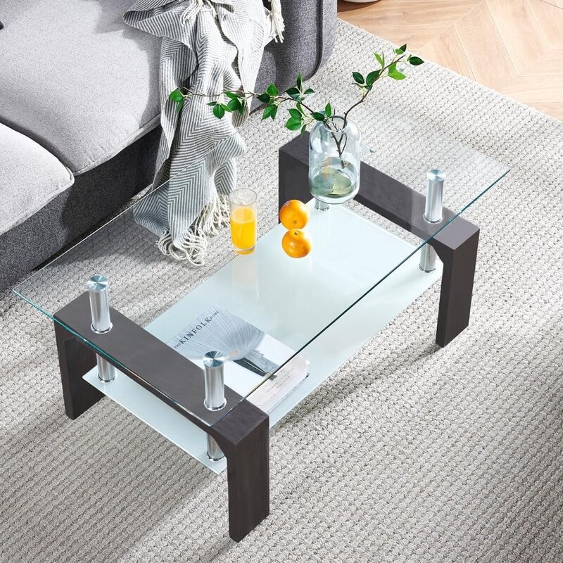 Living Room Rectangle Coffee Table, Tea Table Suitable for Waiting Room, Modern Side Coffee Table with Wooden Leg,