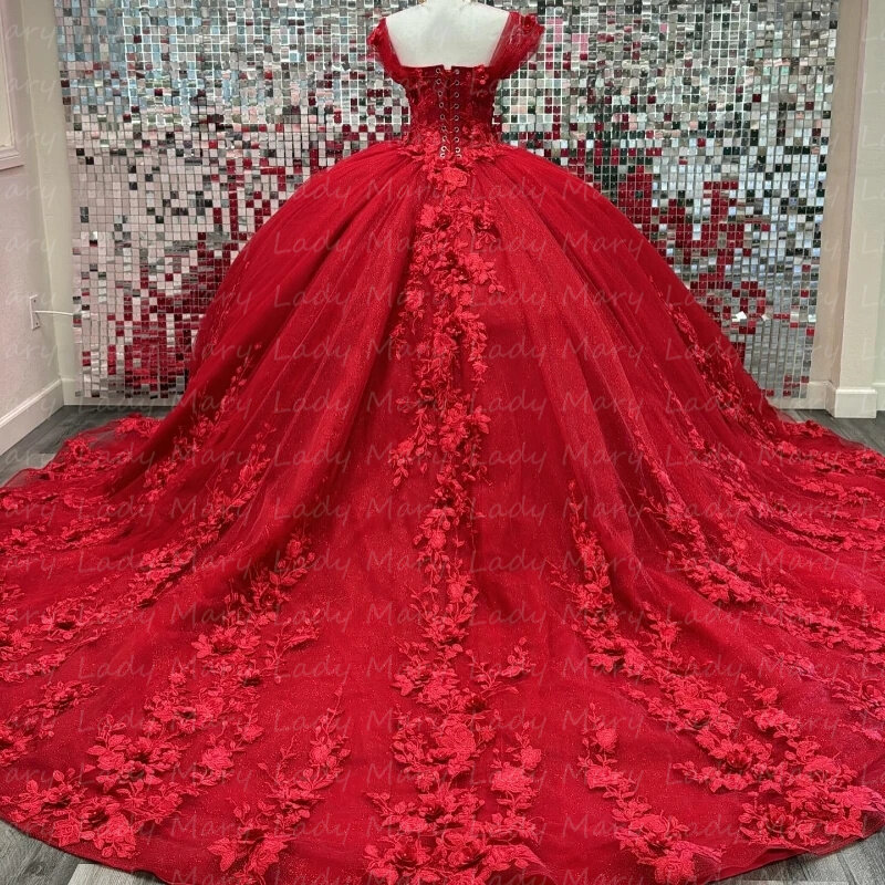 Niesamowite czerwone koronkowe aplikacje Quinceanera sukienki z odkrytymi ramionami księżniczki formalne arabskie dubajskie suknie ślubne odsłonięte gorset