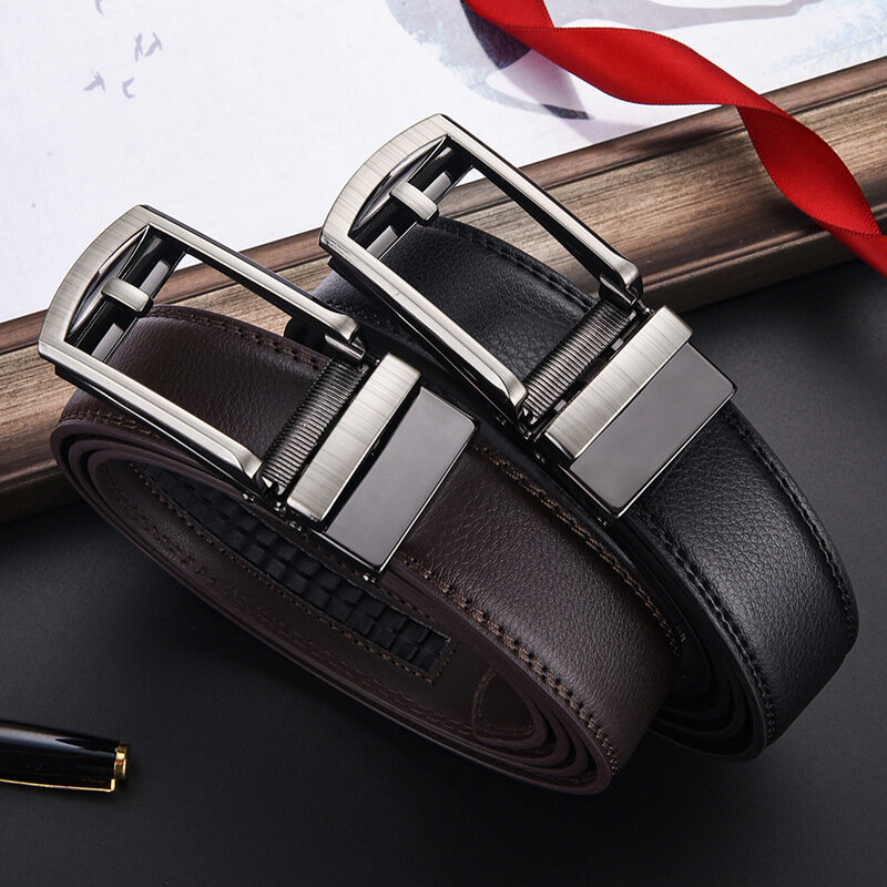 Two Layer Cowhide Needle Punched Belt 3.5cm Automatic Buckle Waist Seal For Men's High-Quality Business And Leisure Buckle Belt