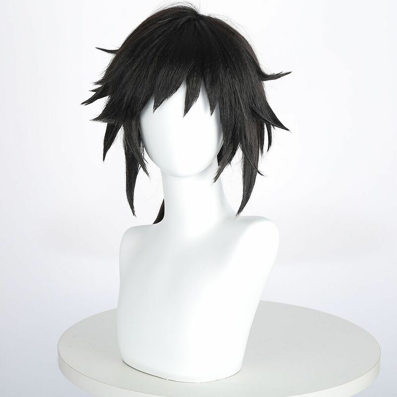 Мужской короткий парик из аниме Tomioka Giyu, косплей, натуральные черные утолщенные Пушистые синтетические парики из искусственных волос