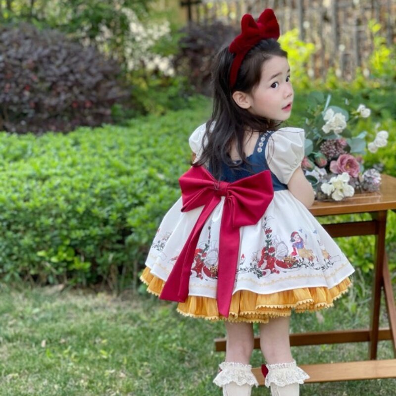 Hiszpańska kokarda śnieżna biała sukienka księżniczki dziewczyny Lolita Vestido urodziny dzieci Eid przyjęcie wielkanocne suknia balowa dla dzieci koronkowa tkanina butikowa