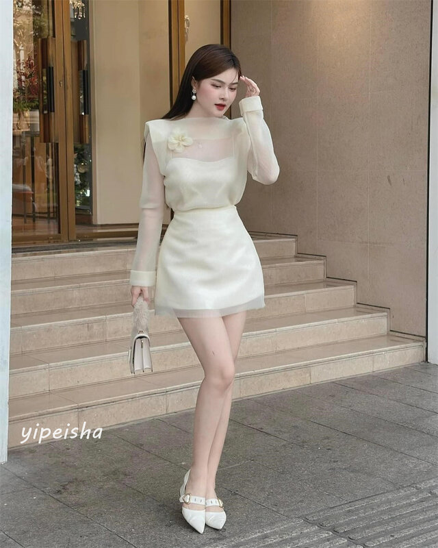 Organza Flower Ruched Celebrity A-line High Collar Bespoke Occasion Gown Mini Dresses