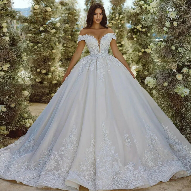 Женское свадебное платье It's yiiya, белое элегантное бальное платье с открытыми плечами и кружевной аппликацией из бисера на лето 2019