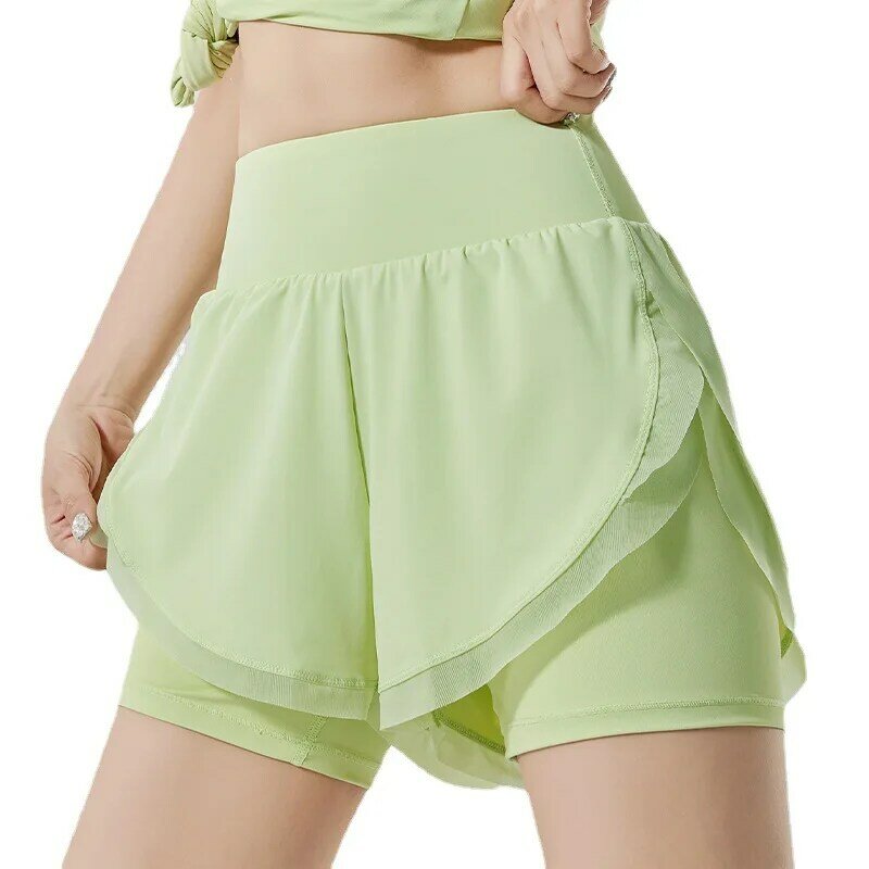 Shorts de corrida de secagem rápida para mulheres e meninas, bolso solto, calça fitness anti-leve, dois falsos, verão