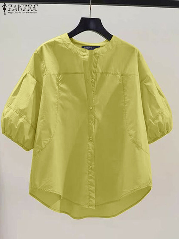 ZANZEA-blusa feminina com botões monocromáticos, camisa com gola O, tops elegantes de trabalho, túnica casual, manga 3/4, moda, verão, 2024