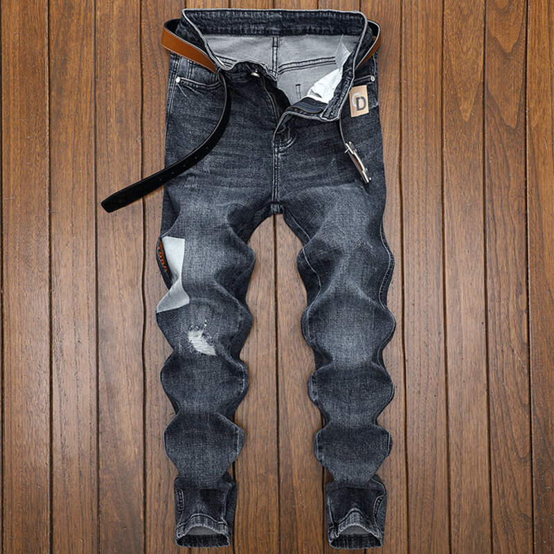 Nova moda rasgado costura jeans men mid-waisted casual calças de lápis fino hip hop streetwear