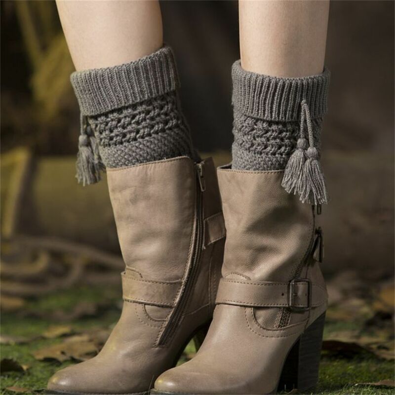 Calentador de tobillo elástico y cálido para mujer, calentadores de piernas con borlas de ganchillo, calcetines de punto para botas