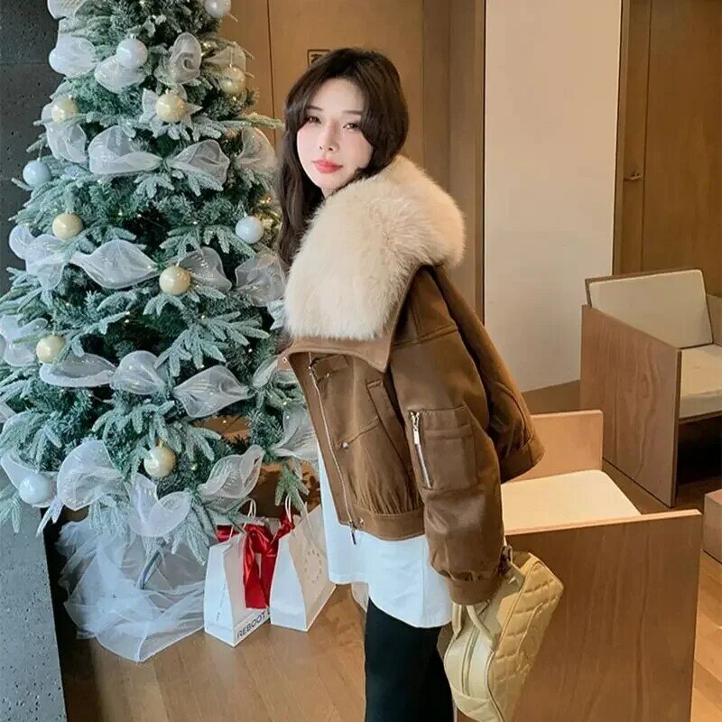 Woman Leather Jacket Chic Goose Down Short Zipper Coats Fashion Streetwear Mujer Tops with Fox Fur Collar