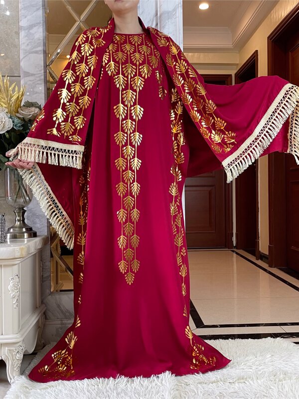 Neue Sommer lose Kurzarm Baumwolle Robe Gold Stempel Boubou Maxi Islam Femme Kleid mit großen Schal afrikanischen Abaya Kleidung
