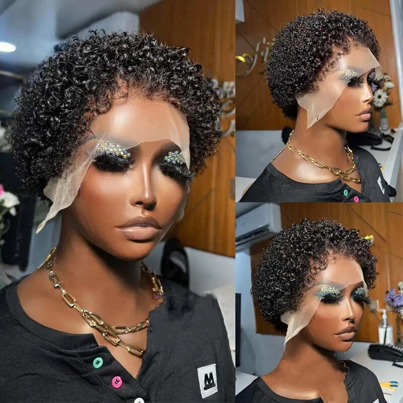Curto Bob Curly Pixie Cut Peruca Brasileira para Mulheres Negras, Perucas de Cabelo Humano, Kinky Hairline Edges, 13x4 Lace Front, Ginger Blonde