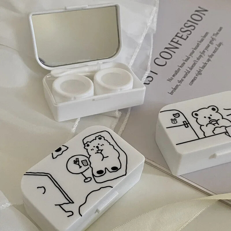 Kotak wadah lensa kontak kartun, dengan cermin Mini indah perawatan mata, kotak perlengkapan perjalanan
