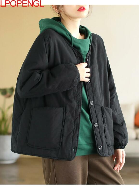 Модная винтажная теплая хлопковая одежда в литературном стиле, женская зимняя новая свободная и универсальная однобортная куртка с длинным рукавом