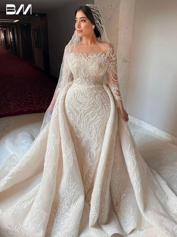 Vestido de noiva manga comprida para mulheres, ilusão, frisado, sereia, luxo, lantejoulas, vestidos de noiva, 2022