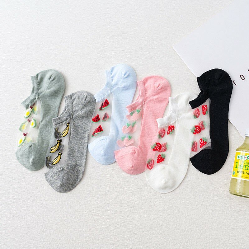 Meias de malha respirável para mulheres, meias de seda cristal, padrão de frutas elegantes e confortáveis, B106