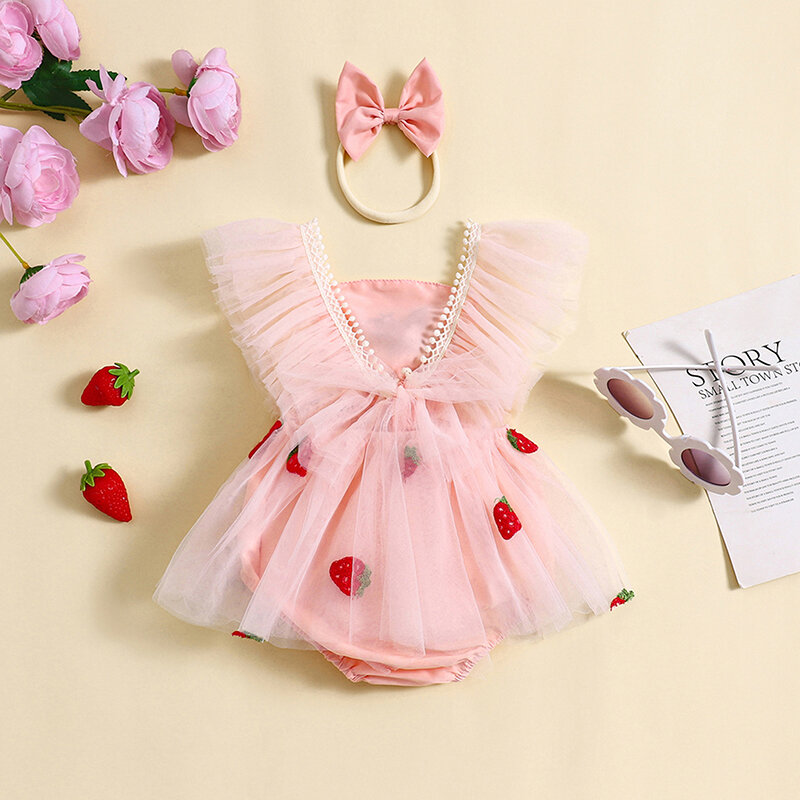Baby Mädchen Stram pler Kleid fliegende Ärmel Tüll Kleid Erdbeer Stickerei Tutu Rock mit Stirnband niedlichen Sommerkleid ung