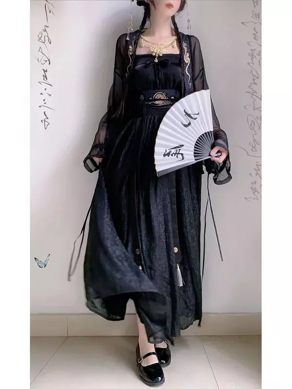 Hanfu kobiety chiński tradycyjny styl taniec ludowy bajki sukienki starożytny kostium ubrania Dinastia Tang Vintage Cosplay czarna sukienka