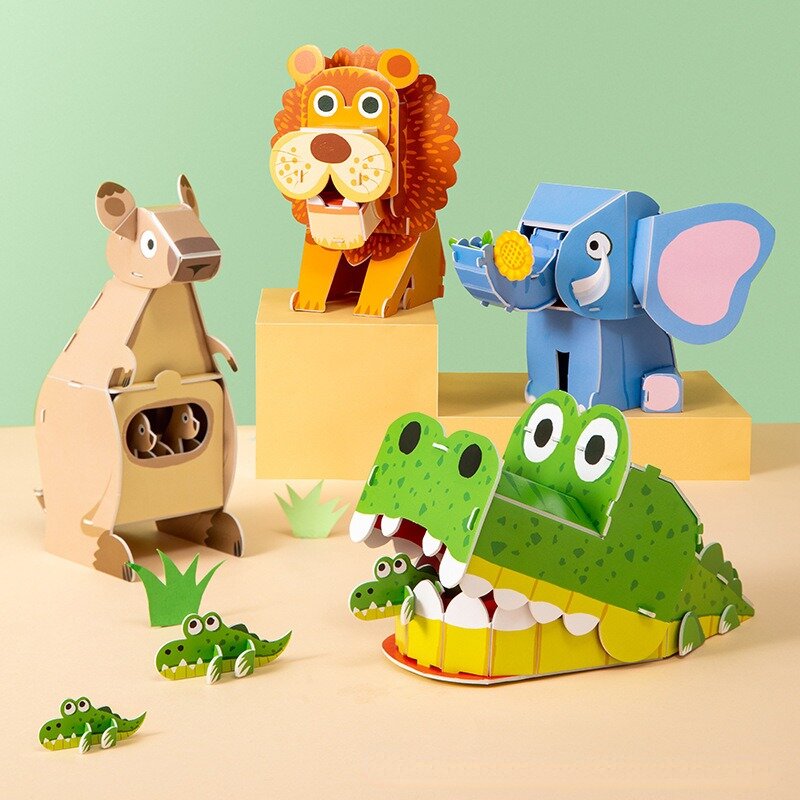 Blok bangunan merakit teka-teki 3D buatan tangan DIY hewan kardus Model Hands-on pendidikan dini mainan pendidikan hadiah untuk anak-anak