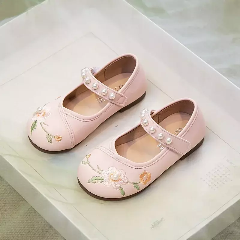 Классические кожаные туфли для девочек с китайской вышивкой, детские туфли для принцессы, свадебные туфли с цветами и простым жемчугом