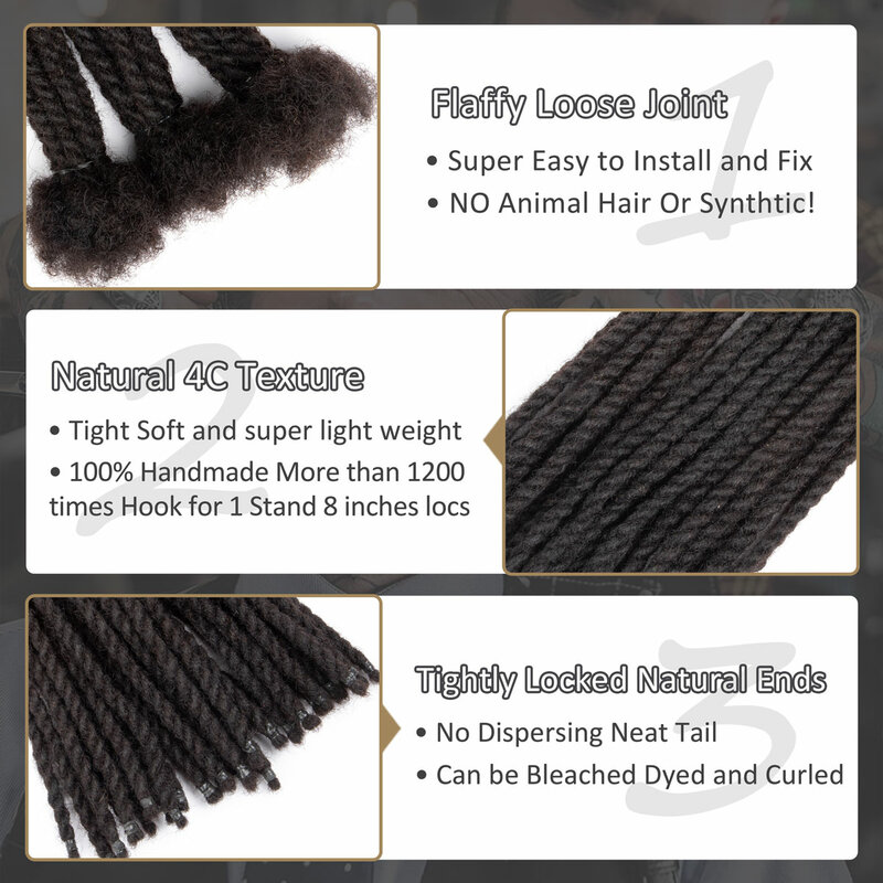 Dreadlocks de cheveux humains pré-torsadés, noir naturel, deux tons, extensions de dreads en continu, 0.8cm, 8 po, 10/12 po