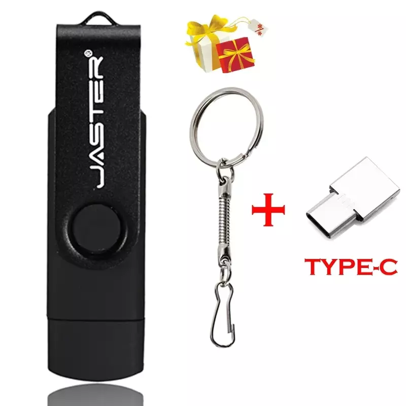 JASTER-USB Flash Drive, 3 em 1 OTG, Disco U de alta velocidade, 64GB, Memory Stick rotativo, Grátis TYPE-C Adaptador, Presente do negócio, Micro USB Stick
