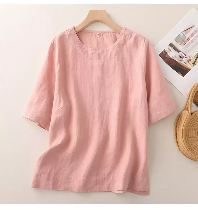 Camisa de lino y algodón de estilo chino para mujer, blusas Vintage sólidas, Tops sueltos de manga corta, ropa de cuello redondo