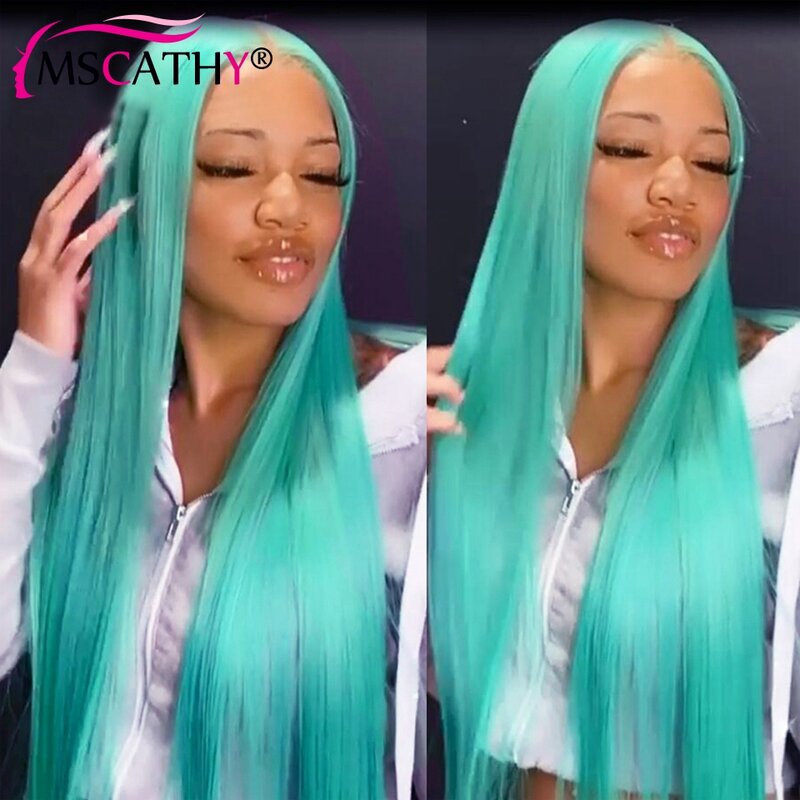 Mint Green 13x4 Transparent HD Lace Front Wigs Straight Human Hair Wigs 150% Density Brazilian Virgin Human Hair Wigs 22 Inch