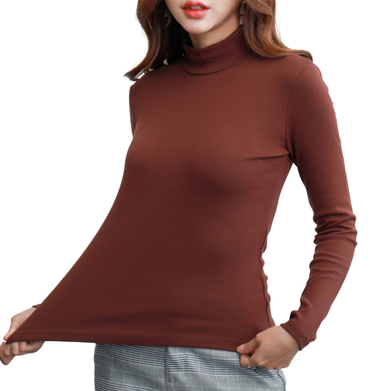Roupa interior térmica de manga comprida feminina, tops amigáveis à pele, camisas de gola alta, cor sólida, outono e inverno