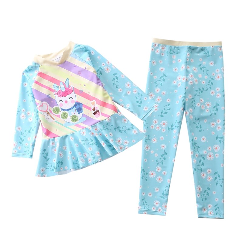 Maiô infantil de manga comprida, roupa de banho completa de duas peças, roupa de banho para meninas, piscina, roupas de praia, verão