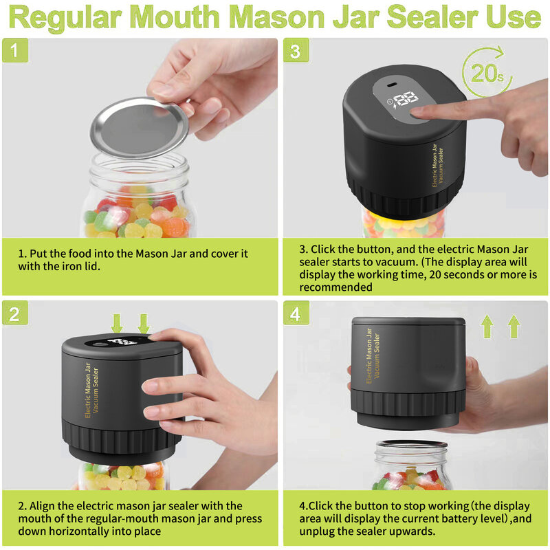 Electric Mason Jar Vacuum Sealer, Cordless Vacuum Sealer Kit for Wide-Mouth and Regular-Mouth Mason Jars, for Food Storage