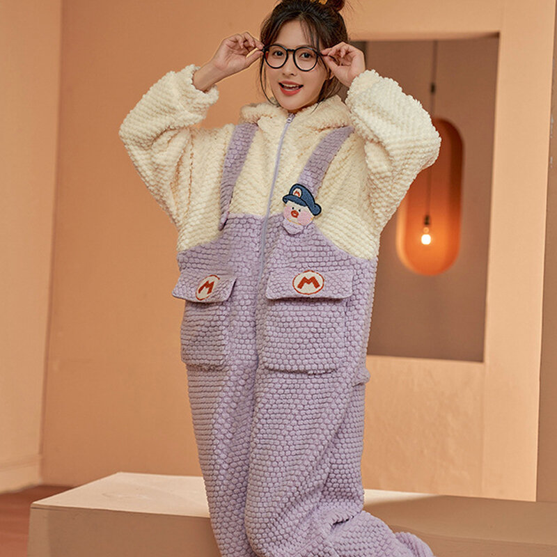 Pijama coral feminino com capuz, pijamas fofos dos desenhos animados, macacão de flanela grossa, pijamas quentes, roupas domésticas, inverno