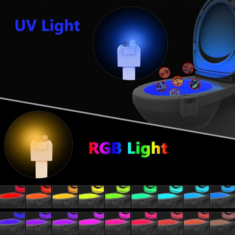 โคมไฟแบล็คไลท์สำหรับห้องสุขาเซ็นเซอร์ตรวจจับการเคลื่อนไหวแสง RGB UV ฆ่าเชื้อ Backlight batteryaaa โคมไฟสำหรับตกแต่งห้องน้ำ