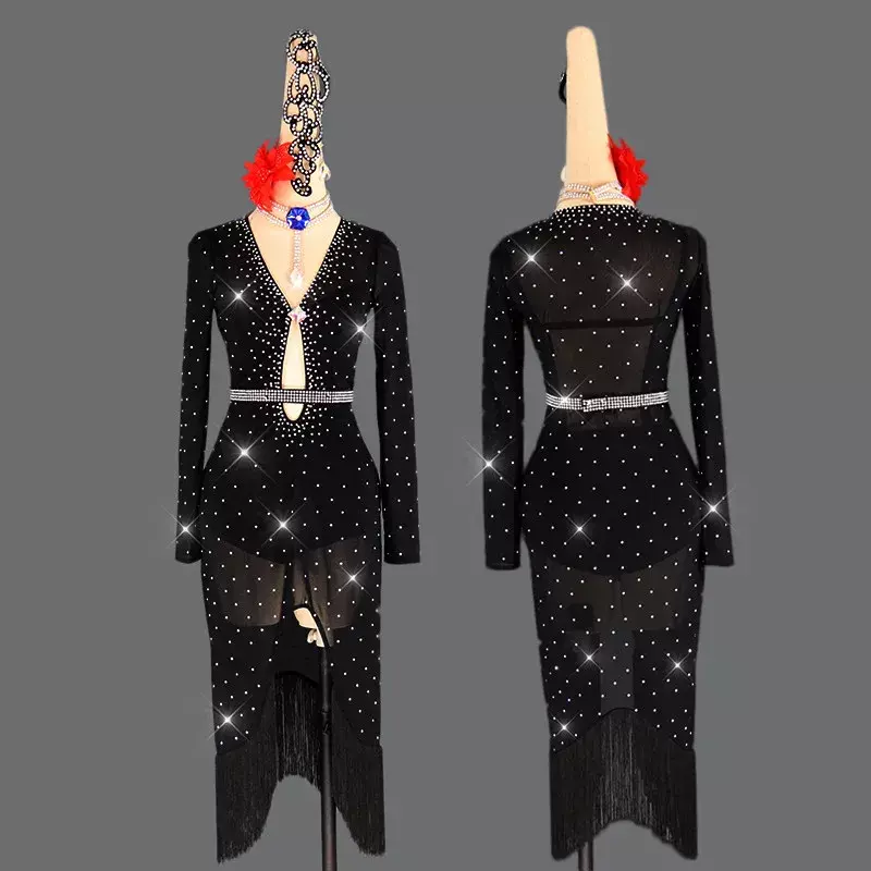 Kristallen Latin Dance Dress Zwart Professioneel Kostuum Voor Vrouwen Franje Samba Kostuum Kleurrijke Lady Ballroom Competitie Jurken