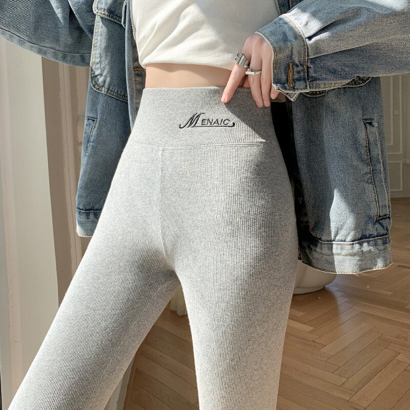 High Waisted Bottomed Pants with Extra Thick Insulation Letter Embroidery Bottomed Pants with Micro Elastic Tight Cropped Pants